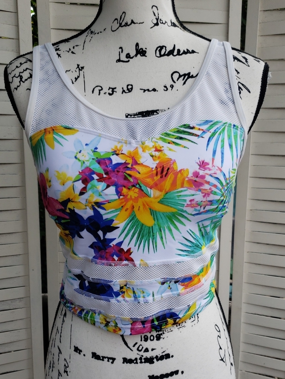 Athleta Floral Mesh Panel Crop Tank Top Tankini White Multicolor 36B/C